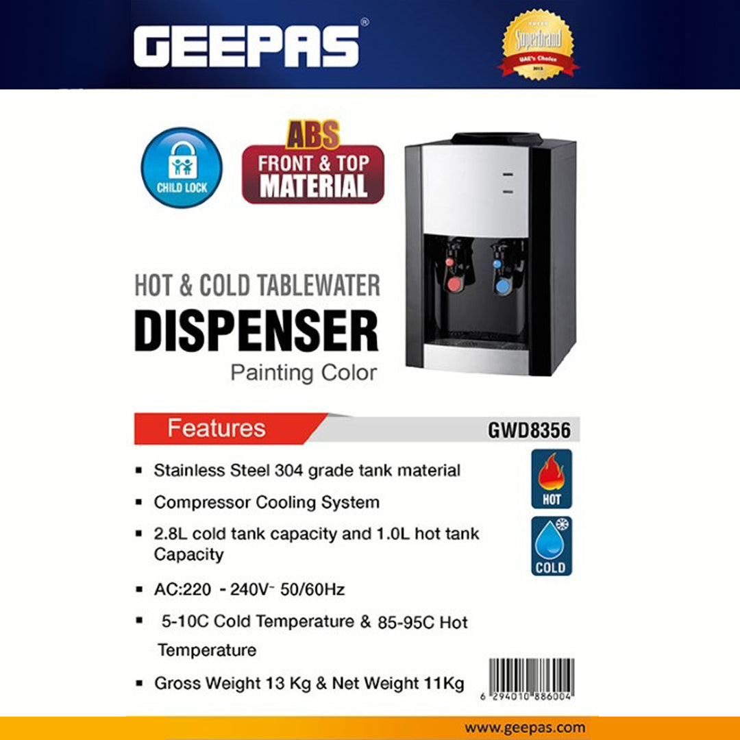 Geepas GWD8356 Hot & Cold Water Dispenser | Stainless Steel Water Tank | 2 Taps Hot & Cold Function| Efficient Compressor Cooling| Durable Design for Home & Office Use