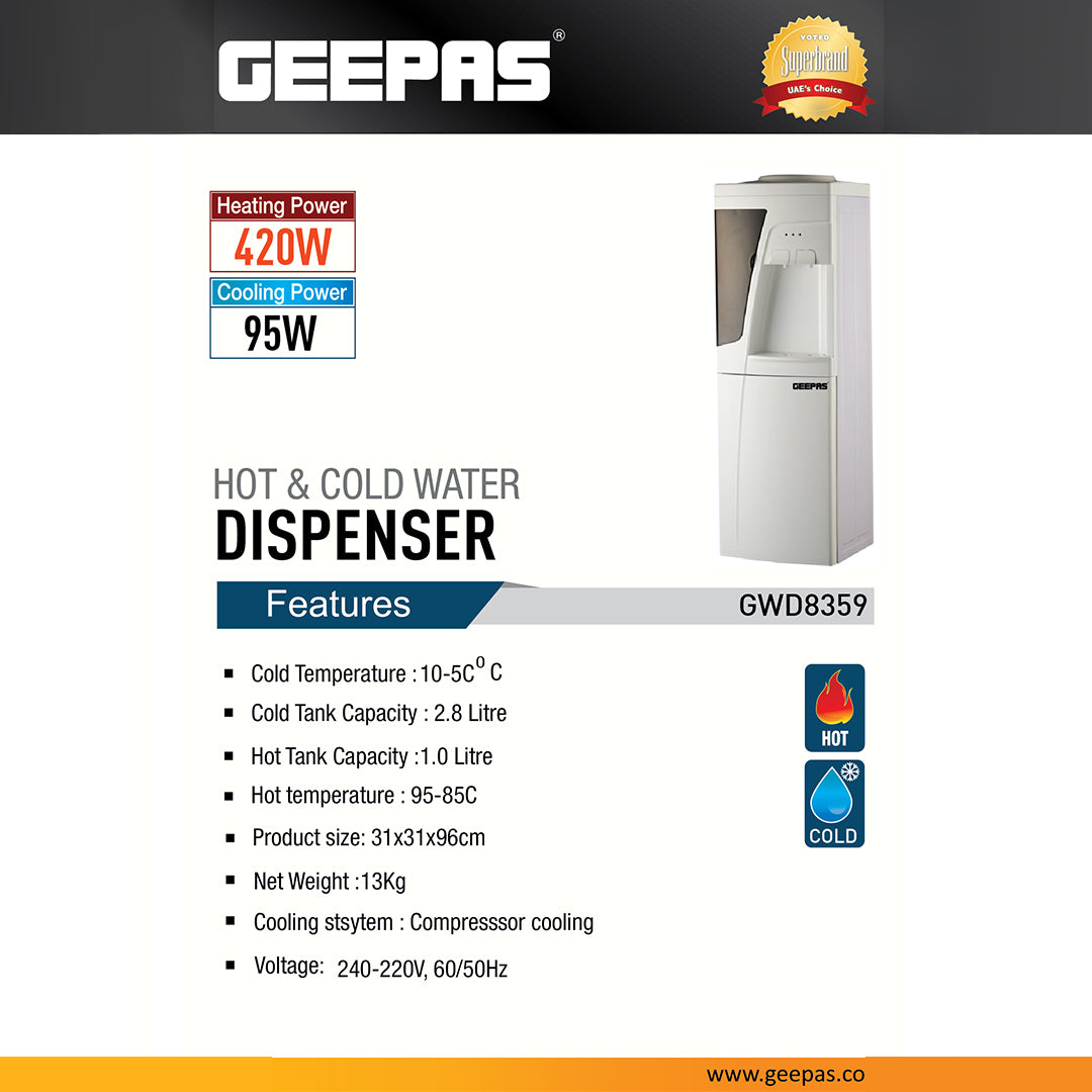 Geepas GWD8359 Hot & Cold Water Dispenser with Compressor Cooling | 420W Heating Power | 95W Cooling Power | Energy-efficient | Floor Standing Design for Home & Office