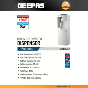 Geepas GWD8359 Hot & Cold Water Dispenser with Compressor Cooling | 420W Heating Power | 95W Cooling Power | Energy-efficient | Floor Standing Design for Home & Office