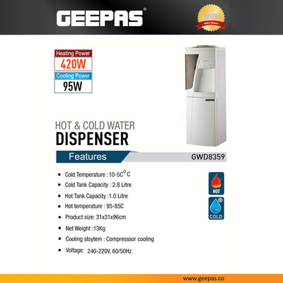 Geepas GWD8359 Hot & Cold Water Dispenser with Compressor Cooling | 420W Heating Power | 95W Cooling Power | Energy-efficient | Floor Standing Design for Home & Office