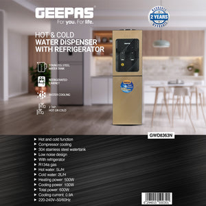 Geepas GWD8363 Hot & Cold Water Dispenser with Refrigerator | Stainless Steel Tank| Faster Cooling | Low Noise Operation| Powerful Compressor Cooling & 2 Year Warranty