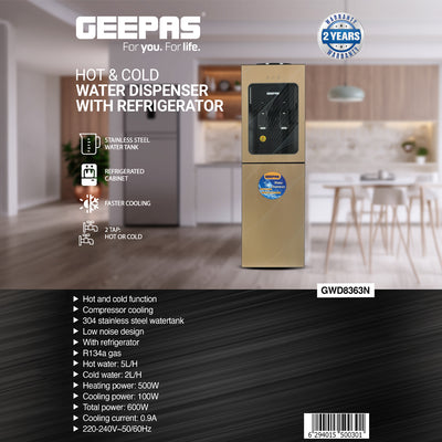 Geepas GWD8363 Hot & Cold Water Dispenser with Refrigerator | Stainless Steel Tank| Faster Cooling | Low Noise Operation| Powerful Compressor Cooling & 2 Year Warranty