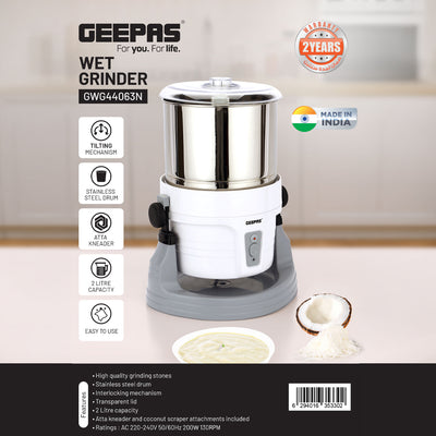 Geepas Wet Grinder GWG44063 | 2L Stainless Steel Drum | 200W |  High Quality Grinding Stones | Interlocking Safety | Atta Kneader & Coconut Scraper | 2 Years Warranty