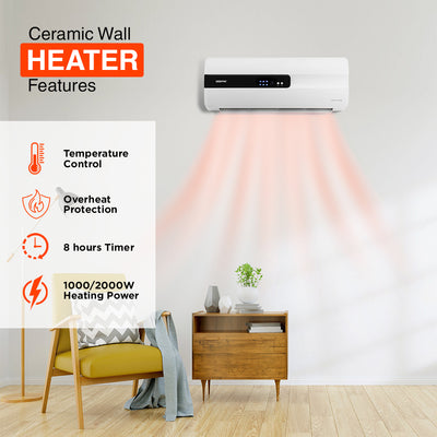 Geepas GWH28515 PTC Ceramic Wall Heater | LED Display | Adjustable Thermostat | 2 Heat Settings | Remote Control | Overheat Protection | 8 Hour Timer for Home & Office