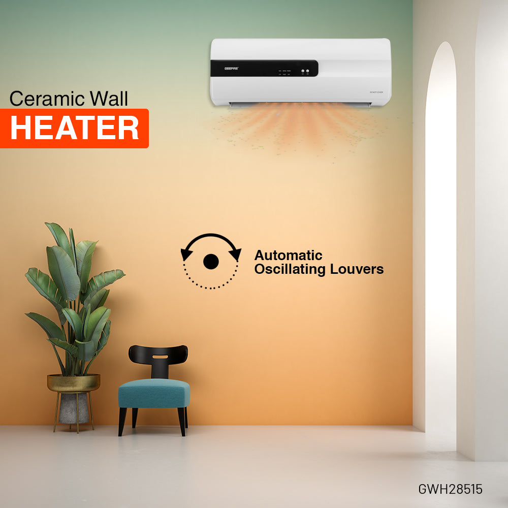 Geepas GWH28515 PTC Ceramic Wall Heater | LED Display | Adjustable Thermostat | 2 Heat Settings | Remote Control | Overheat Protection | 8 Hour Timer for Home & Office