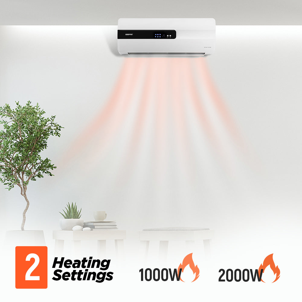 Geepas GWH28515 PTC Ceramic Wall Heater | LED Display | Adjustable Thermostat | 2 Heat Settings | Remote Control | Overheat Protection | 8 Hour Timer for Home & Office