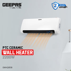 Geepas GWH28518 PTC Ceramic Wall Heater | LED Display | Electronic Temperature Control| 2200W Power | 2 Heat Settings | Remote Control | Timer & Overheat Protection