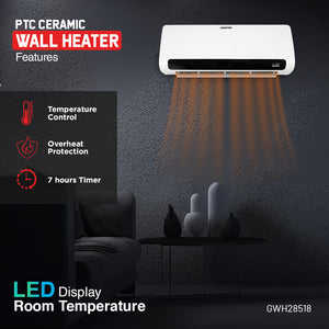 Geepas GWH28518 PTC Ceramic Wall Heater | LED Display | Electronic Temperature Control| 2200W Power | 2 Heat Settings | Remote Control | Timer & Overheat Protection