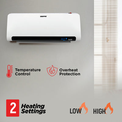 Geepas GWH28518 PTC Ceramic Wall Heater | LED Display | Electronic Temperature Control| 2200W Power | 2 Heat Settings | Remote Control | Timer & Overheat Protection
