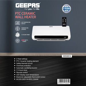 Geepas GWH28518 PTC Ceramic Wall Heater | LED Display | Electronic Temperature Control| 2200W Power | 2 Heat Settings | Remote Control | Timer & Overheat Protection