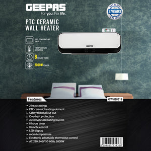 Geepas PTC Ceramic Wall Heater GWH28519 with 2000W power, 2 heat settings, remote control, LED display, 8-hour timer, and overheat protection for safe and efficient heating.