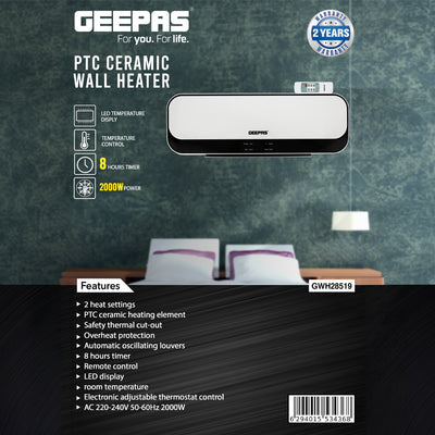 Geepas PTC Ceramic Wall Heater GWH28519 with 2000W power, 2 heat settings, remote control, LED display, 8-hour timer, and overheat protection for safe and efficient heating.