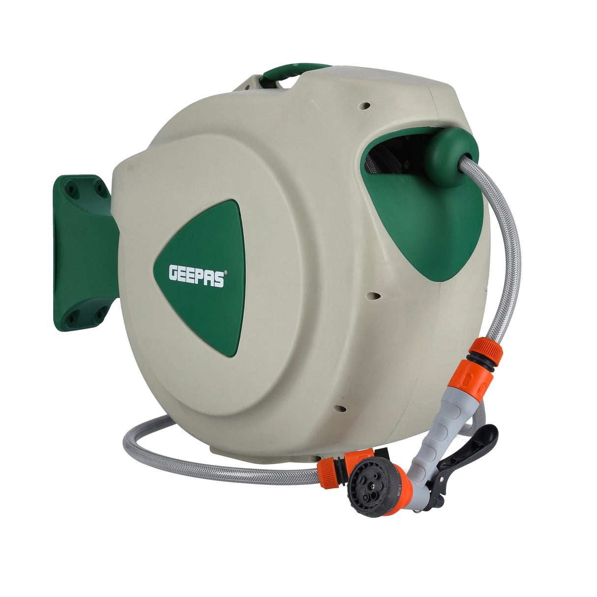 Geepas GWH59056 30M Automatic Water Hose Reel | Auto Retract System | Stop-Anywhere Lock | 180° Swivel Bracket | Anti-Twist Track | Full Hose Fittings & Ready to Use