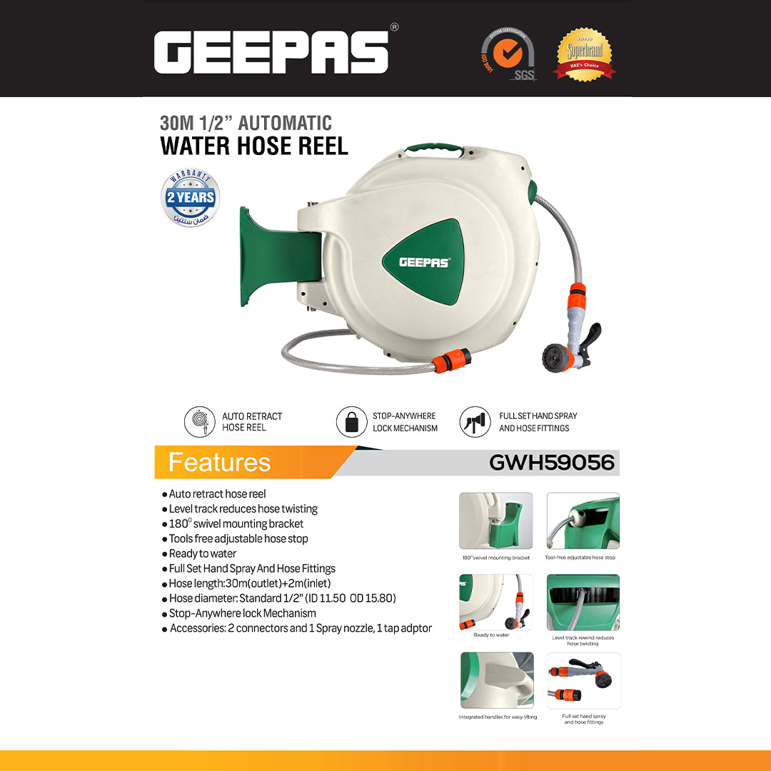 Geepas GWH59056 30M Automatic Water Hose Reel | Auto Retract System | Stop-Anywhere Lock | 180° Swivel Bracket | Anti-Twist Track | Full Hose Fittings & Ready to Use