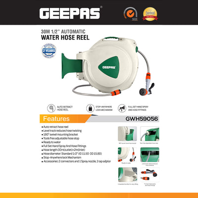 Geepas GWH59056 30M Automatic Water Hose Reel | Auto Retract System | Stop-Anywhere Lock | 180° Swivel Bracket | Anti-Twist Track | Full Hose Fittings & Ready to Use