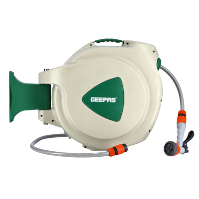 Geepas GWH59057 10M 1/2" Auto-Retracting Water Hose Reel with Level Track, Swivel Mounting Bracket, Full Set of Hand Sprays and Hose Fittings
