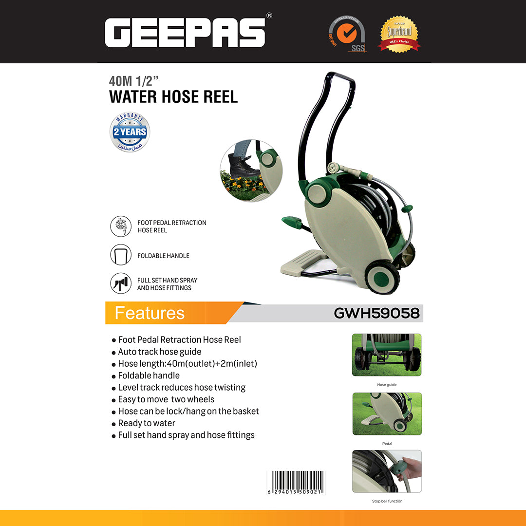 Geepas GWH59058 40M 1/2 Inch Water Hose Reel | Foot Pedal Retraction | Foldable Handle| Two Wheels | Auto Track Hose Guide | Spray Nozzle & Full Garden Fittings Kit