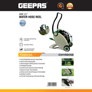 Geepas GWH59058 40M 1/2 Inch Water Hose Reel | Foot Pedal Retraction | Foldable Handle| Two Wheels | Auto Track Hose Guide | Spray Nozzle & Full Garden Fittings Kit