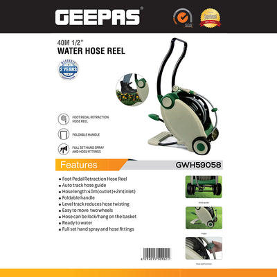 Geepas GWH59058 40M 1/2 Inch Water Hose Reel | Foot Pedal Retraction | Foldable Handle| Two Wheels | Auto Track Hose Guide | Spray Nozzle & Full Garden Fittings Kit