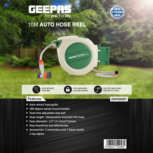 Geepas GWH59267 10M Auto Retractable Water Hose Reel | Stop-Anywhere Lock | 180° Swivel Wall Mount | PVC Hose | Spray Nozzle & Full Garden Fittings for Outdoor Use