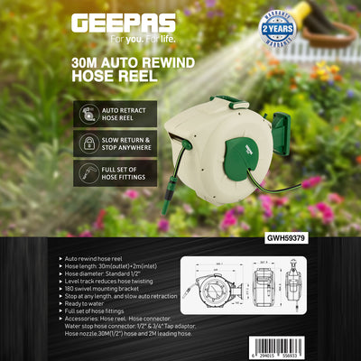 Geepas GWH59379 30M Auto Rewind Garden Hose Reel | Slow Auto Retraction | Stop Anywhere Lock | 180° Swivel Mount Bracket | Durable Build with Full Hose Fittings