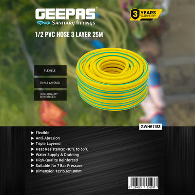 Geepas 1/2 PVC Hose- GWH61153| 25 M, 3-Layer Construction with High Flexibility| Suitable for 7 Bar Pressure, Heat Resistance -10–65 °C| Yellow and green, 1 Year Warranty