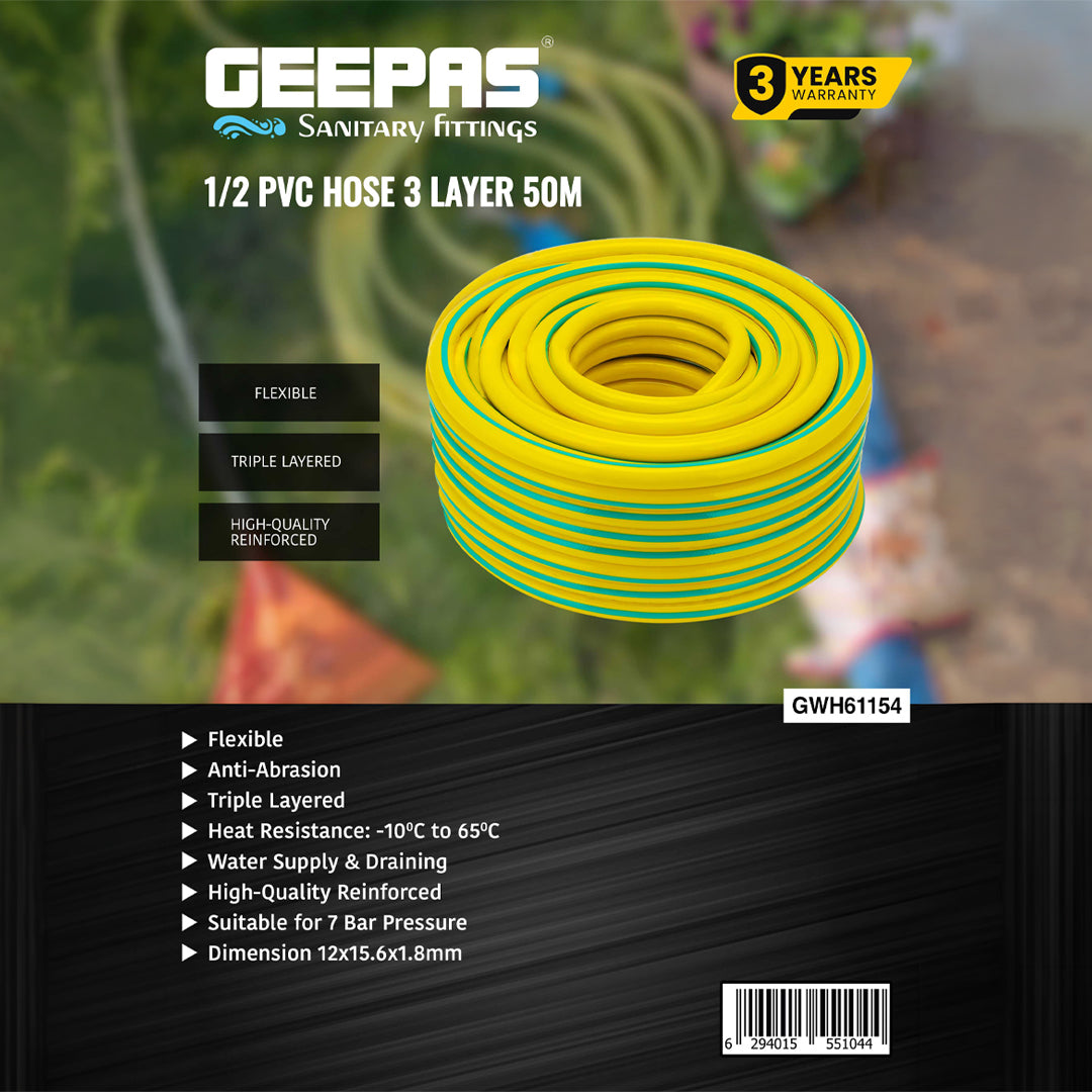 Geepas 1/2 PVC Hose- GWH61154| 50 M, 3-Layer Construction with High Flexibility| Suitable for 7 Bar Pressure, Heat Resistance -10–65 °C| Yellow and green, 1 Year Warranty