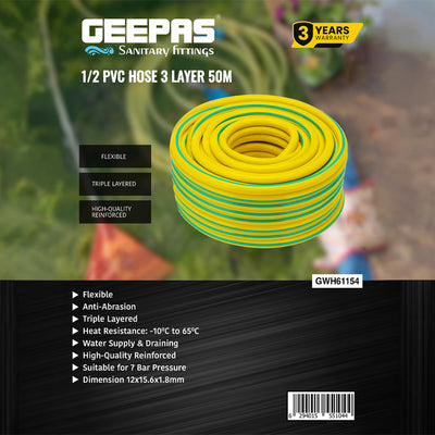 Geepas 1/2 PVC Hose- GWH61154| 50 M, 3-Layer Construction with High Flexibility| Suitable for 7 Bar Pressure, Heat Resistance -10–65 °C| Yellow and green, 1 Year Warranty