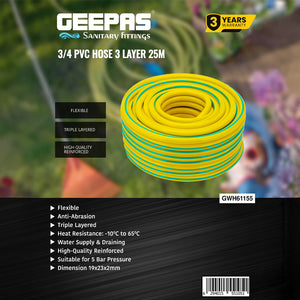 Geepas 3/4 PVC Hose- GWH61155| 25 M, 3-Layer Construction with High Flexibility| Suitable for 5 Bar Pressure, Heat Resistance -10–65 °C| Yellow and green, 1 Year Warranty