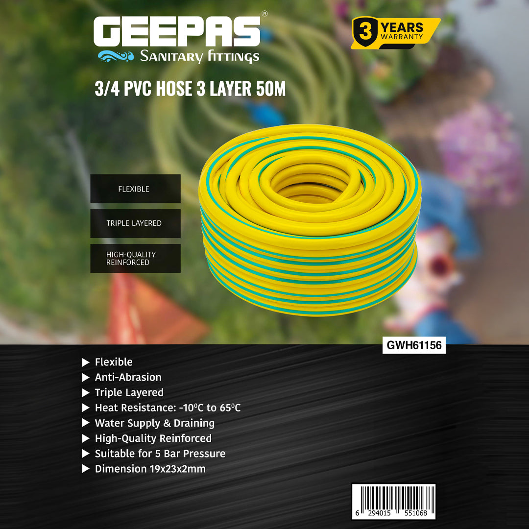 Geepas GWH61156 3/4" PVC Hose | 50M | Durable 3-Layer Flexible Design | Ideal for Gardening, Cleaning & Water Supply | 5 Bar Pressure | -10°C to 65°C | 1-Year Warranty