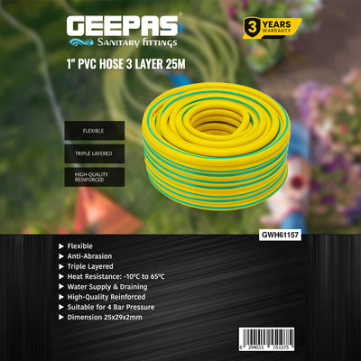 Geepas 1" PVC Hose- GWH61157 | 25M, 3-Layer Flexible Design | For Water Supply, Gardening, Cleaning | 4 Bar Pressure, Heat Resistant -10°C to 65°C | Yellow/Green.