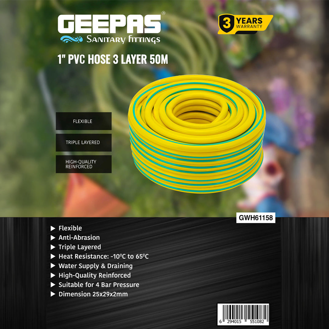 Geepas GWH61158 1 Inch PVC Hose Pipe 50M | Triple Layer Reinforced Flexible Water Hose for Supply & Drainage| Anti-Abrasion| Heat Resistant -10°C to 65°C| 1 Year Warranty
