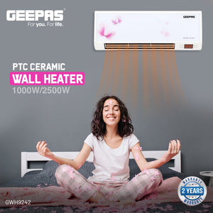 Geepas GWH9242 PTC Wall Heater with  Remote Control | 2500W Power | 2 Heat Settings |Ceramic Heating Element | Temperature Control | 7.5 Hour Timer & Oscillating Louvers