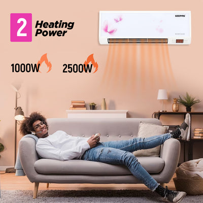 Geepas GWH9242 PTC Wall Heater with  Remote Control | 2500W Power | 2 Heat Settings |Ceramic Heating Element | Temperature Control | 7.5 Hour Timer & Oscillating Louvers