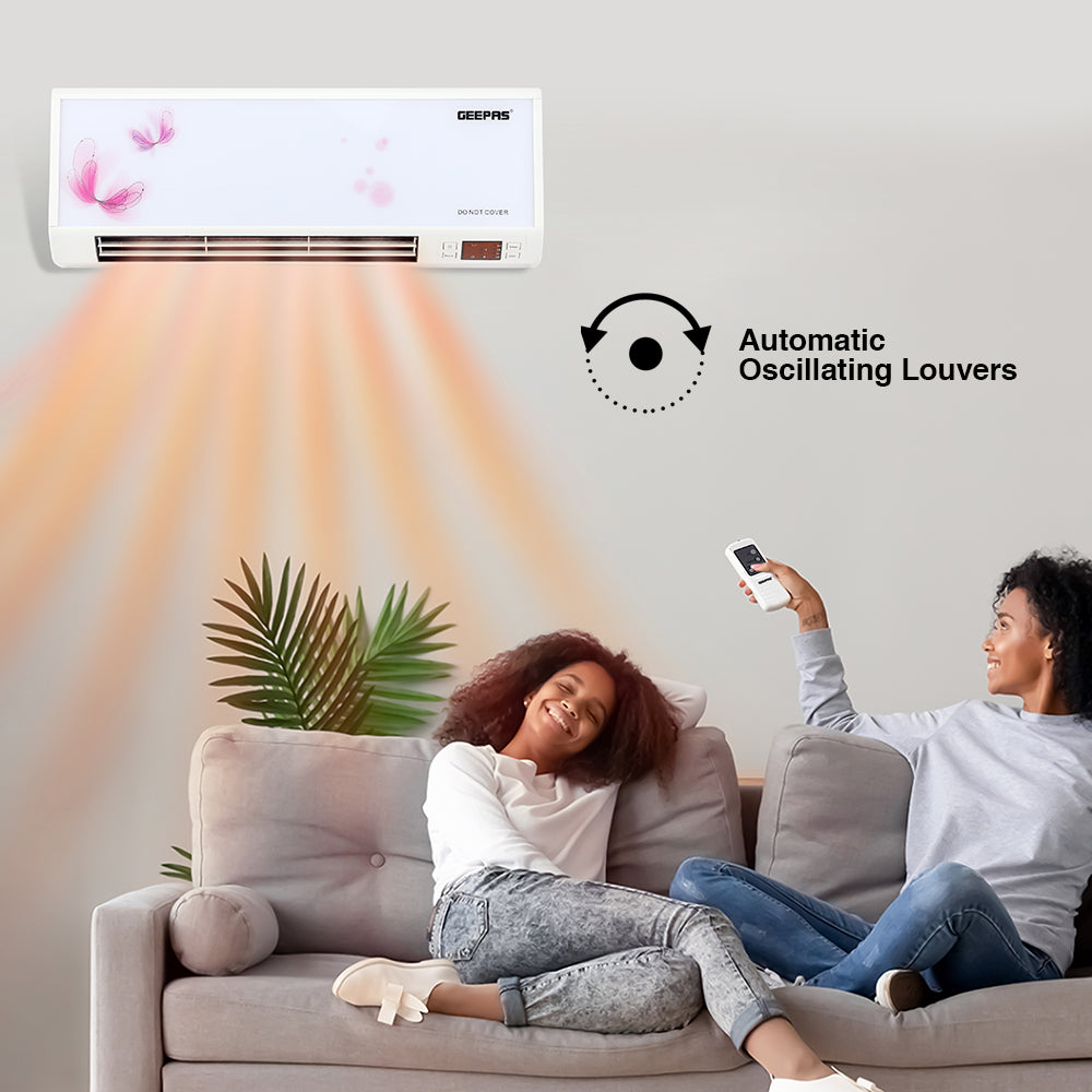 Geepas GWH9242 PTC Wall Heater with  Remote Control | 2500W Power | 2 Heat Settings |Ceramic Heating Element | Temperature Control | 7.5 Hour Timer & Oscillating Louvers