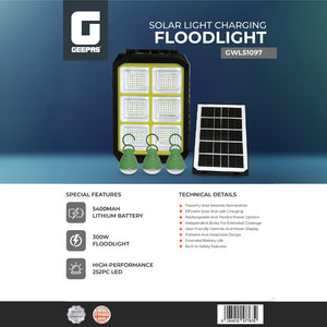 Geepas 300W Solar Floodlight GWL51097 | 5400mAh Battery, 252 LEDs, Rechargeable & Flexible, Wide Coverage, Perfect for Outdoor, Camping & Emergency, 2Years Warranty