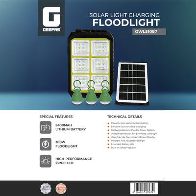 Geepas 300W Solar Floodlight GWL51097 | 5400mAh Battery, 252 LEDs, Rechargeable & Flexible, Wide Coverage, Perfect for Outdoor, Camping & Emergency, 2Years Warranty