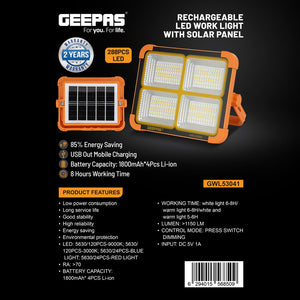 Geepas Rechargeable LED Work Light GWL53041 | 288 LEDs with White, Warm, Blue & Red Modes | Solar Panel, Energy-Saving, Long Life & Stable Performance | 2-Year Warranty
