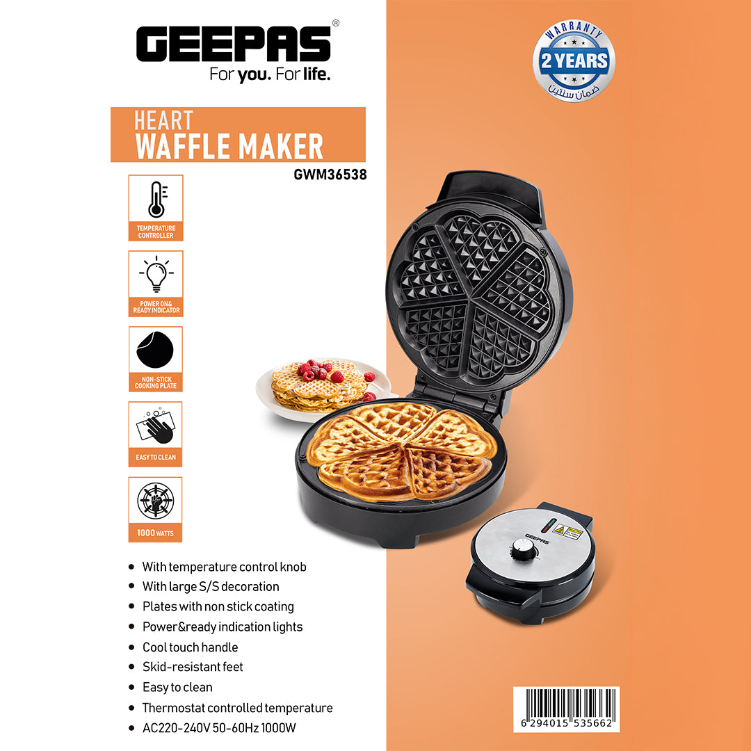 Geepas GWM36538 Heart Waffle Maker | 1000W Power| Adjustable Temperature Control | Non-Stick Cooking Plates | Cool-Touch Handle | Skid-Resistant Feet | 2 Years Warranty