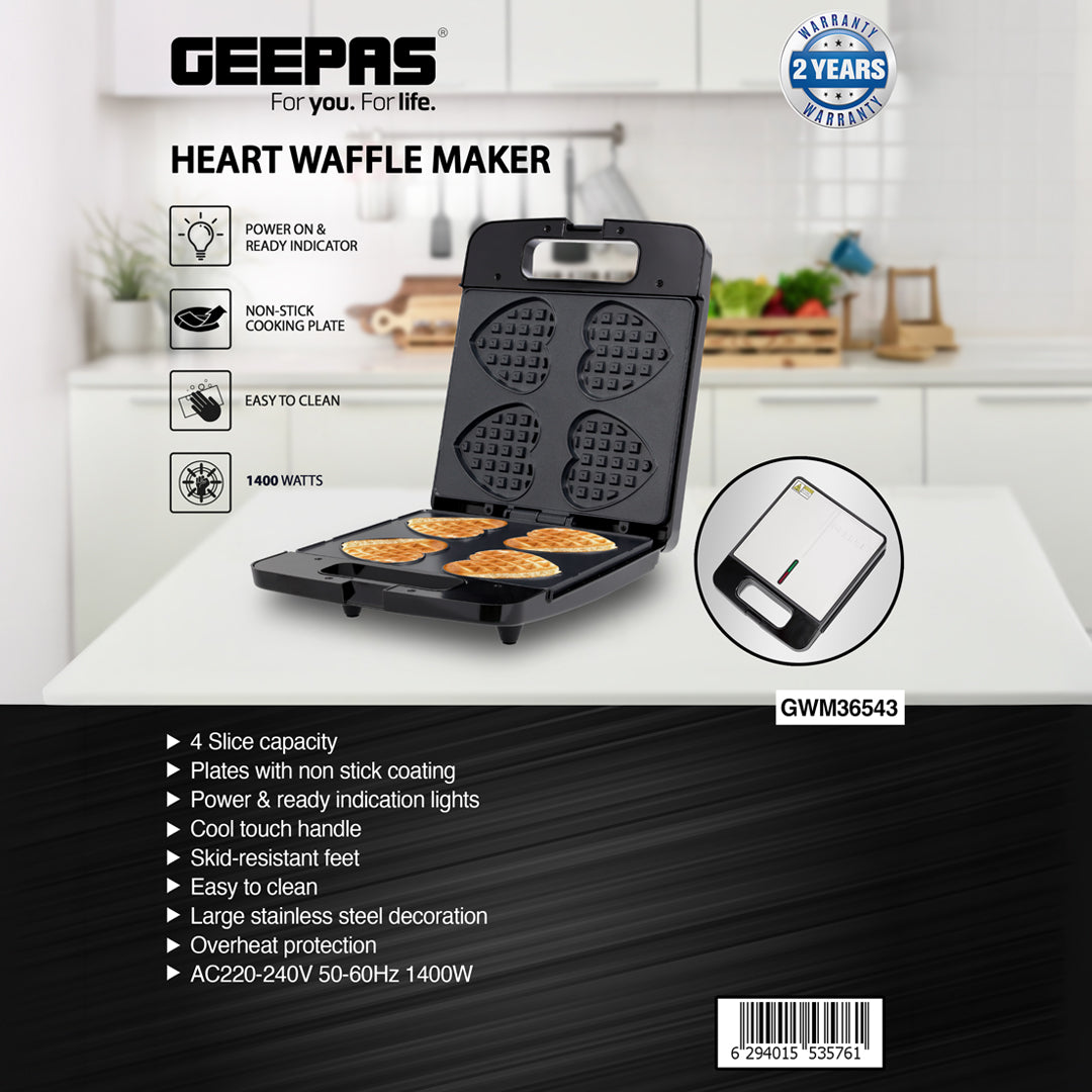 Geepas Heart Waffle Maker GWM36543 | 4 Slice Non-Stick Waffle Plate | 1400W Power | Cool Touch Housing | Easy to Clean Design | Overheat Protection | 2 Years Warranty