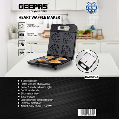 Geepas Heart Waffle Maker GWM36543 | 4 Slice Non-Stick Waffle Plate | 1400W Power | Cool Touch Housing | Easy to Clean Design | Overheat Protection | 2 Years Warranty