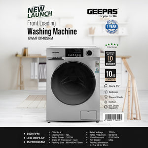 Geepas GWMF10140SRM Front Loading Washing Machine | 10kg Capacity | 1400 RPM| Inverter Motor with 10-Year Warranty| LED Display| 15 Wash Programs | 1  Year Warranty