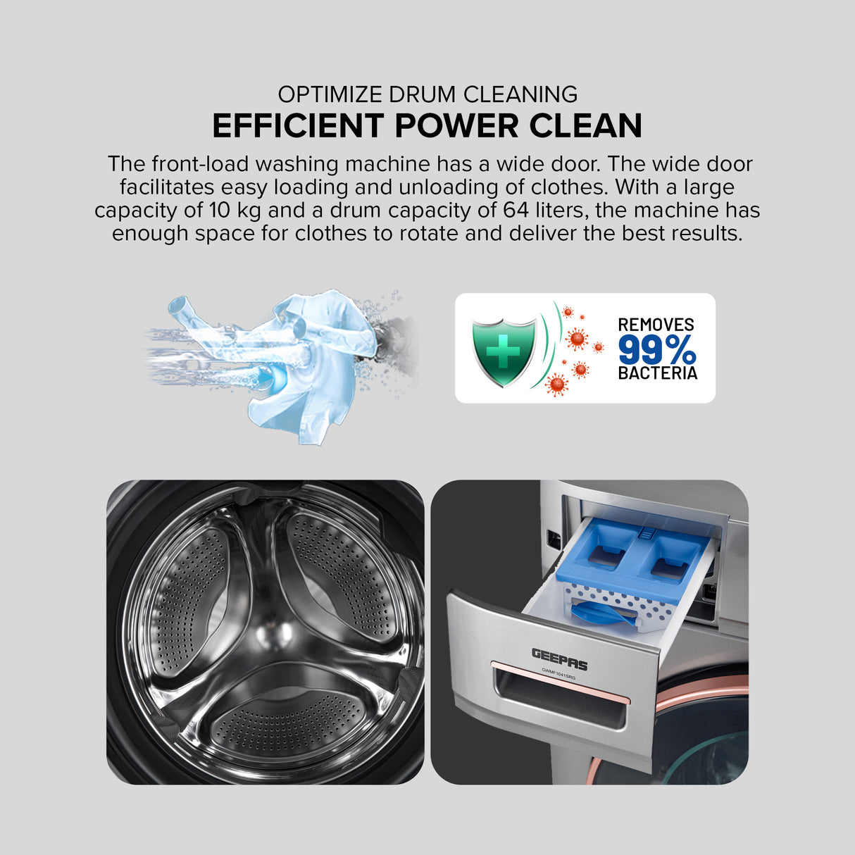 Geepas Front Load Washing Machine GWMF1041SRG | 10KG Capacity| Powerful Motor| Multiple Wash Programs| Energy Efficient Performance| Stylish Design|  1 Year Warranty