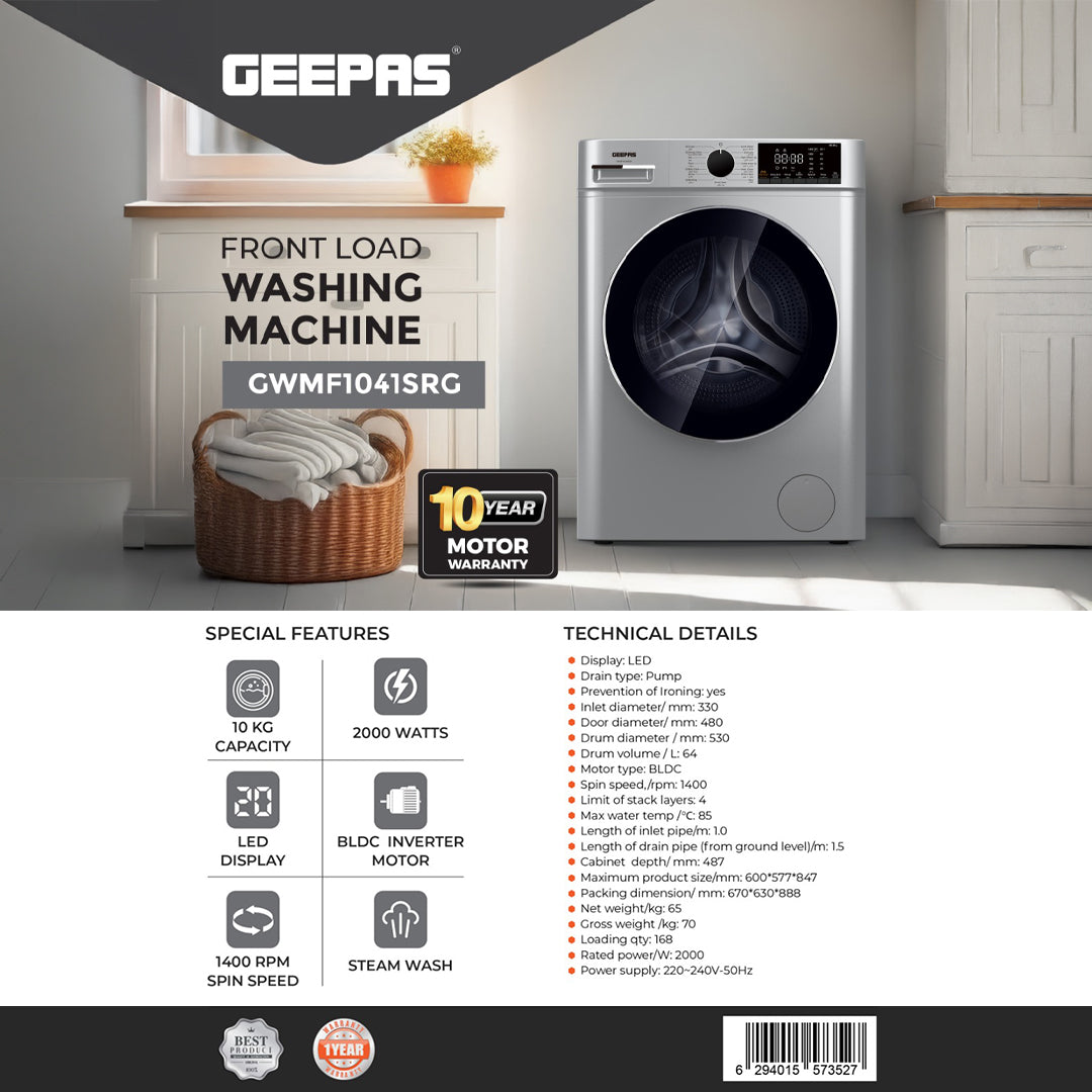 Geepas Front Load Washing Machine GWMF1041SRG | 10KG Capacity| Powerful Motor| Multiple Wash Programs| Energy Efficient Performance| Stylish Design|  1 Year Warranty