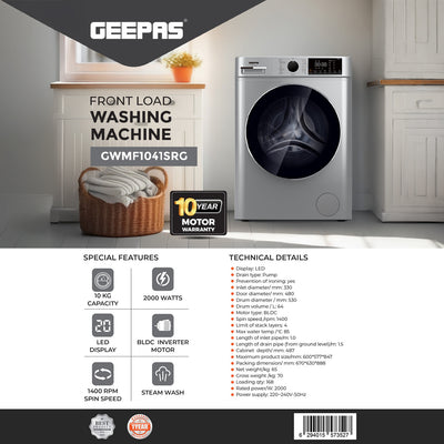 Geepas Front Load Washing Machine GWMF1041SRG | 10KG Capacity| Powerful Motor| Multiple Wash Programs| Energy Efficient Performance| Stylish Design|  1 Year Warranty