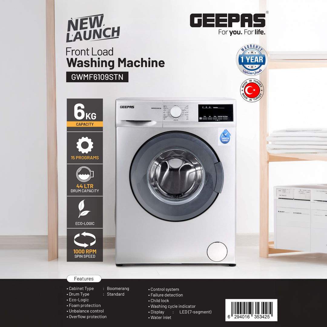 Geepas GWNF6109STN Front Load Washing Machine | 6kg with 15 Wash Programs | Eco-Logic Technology | 1000 RPM Spin Speed | LED Display | Child Lock & Safety Features