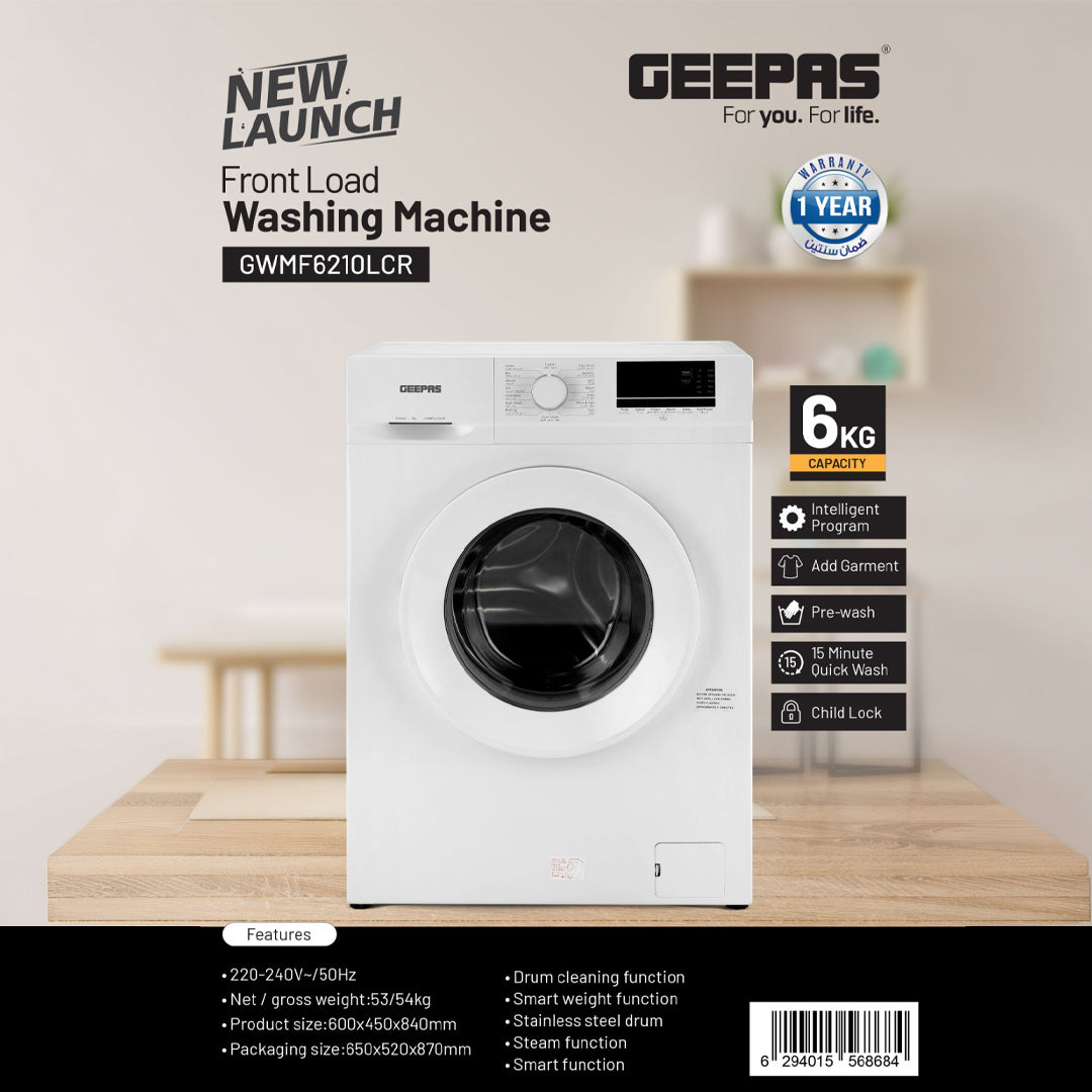 Geepas Front Load Washing Machine GWMF6210LCR | 6Kg Capacity| Smart & Durable Design with Multiple Wash Programs| Energy Efficient & Powerful Performance| 1 Year Warranty