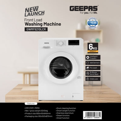 Geepas Front Load Washing Machine GWMF6210LCR | 6Kg Capacity| Smart & Durable Design with Multiple Wash Programs| Energy Efficient & Powerful Performance| 1 Year Warranty