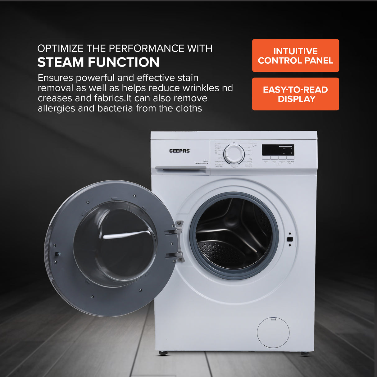 Geepas Front Load Washing Machine GWMF71200LCJ | 7Kg Capacity | 1200 RPM Powerful Motor | Steam Wash Function | Durable & Energy Efficient Performance | 1 Year Warranty