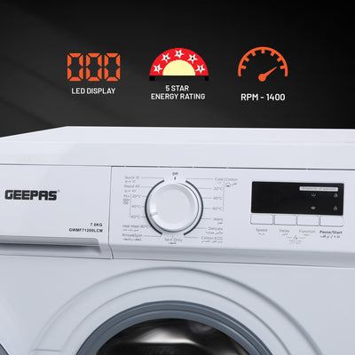 Geepas Front Load Washing Machine GWMF71200LCJ | 7Kg Capacity | 1200 RPM Powerful Motor | Steam Wash Function | Durable & Energy Efficient Performance | 1 Year Warranty